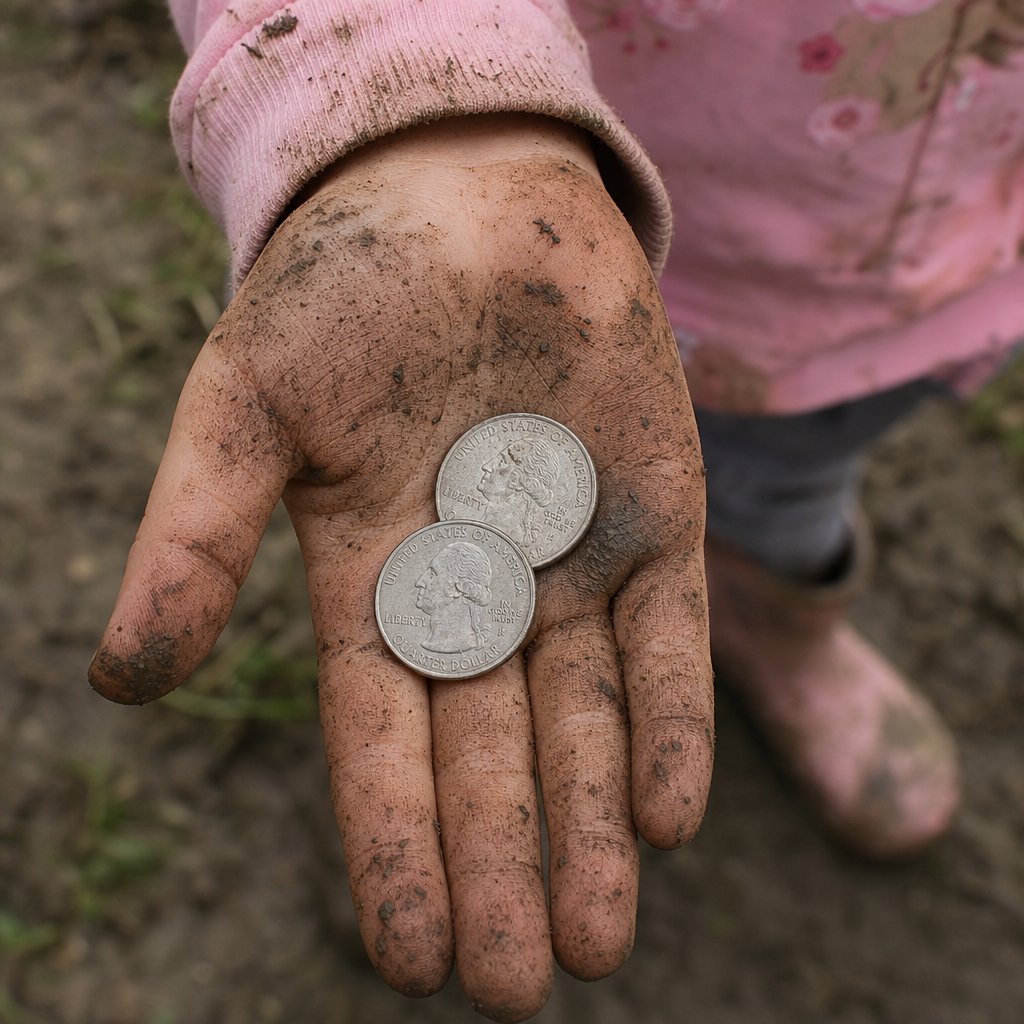 Child’s Mud-Covered Hand Holding Two Quarters